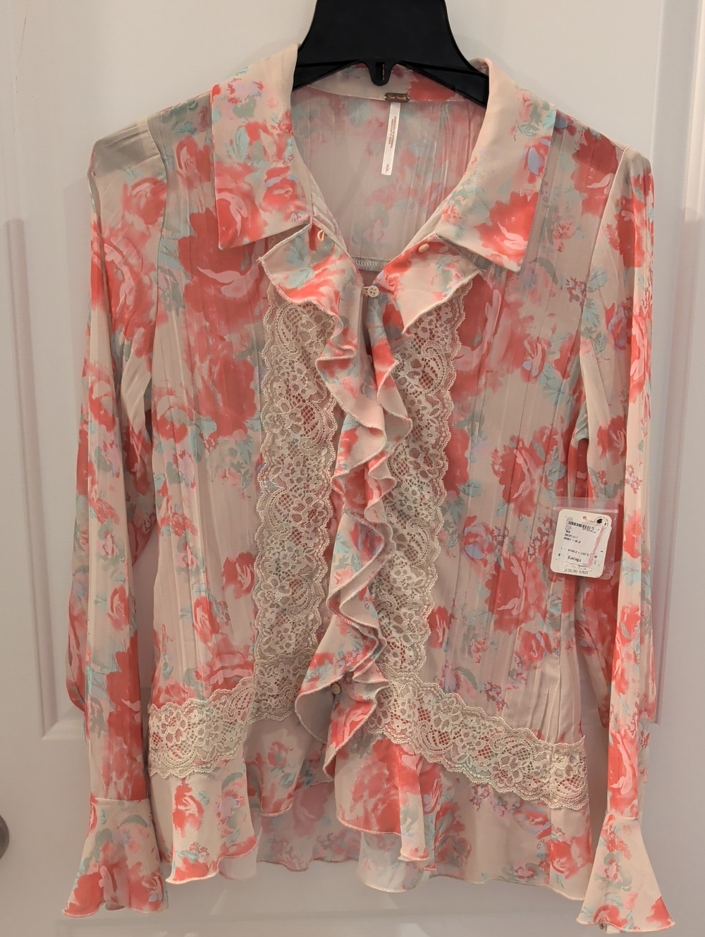 Free People BAD AT Love Floral Ruffle Lace-Trim Blouse - Coral/Pink